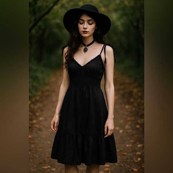 Nine West Black Satin Slip Babydoll Dress L Y2K Coquette Whimsigoth Goth LBD - Picture 8 of 12